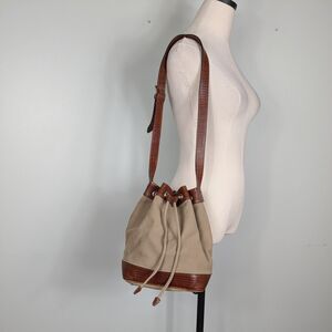 Vintage Talbots Bucket Bag Tan Brown Y2K Handbag Purse Leather Canvas Crossbody